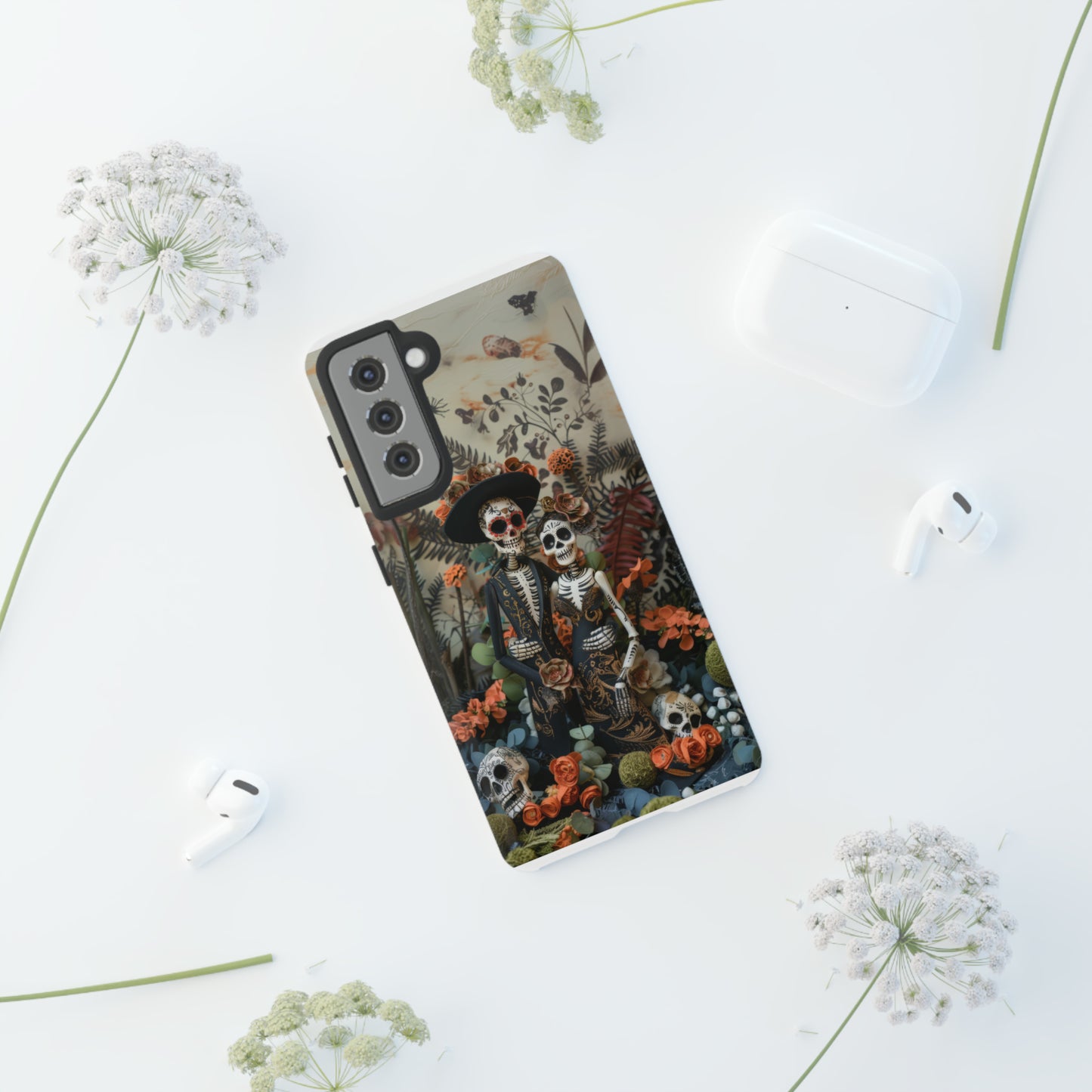 Custodia per telefono Dia de los Muertos, Cover con design di coppia scheletrica, Accessorio protettivo festivo per telefono, Custodie per telefono resistenti 