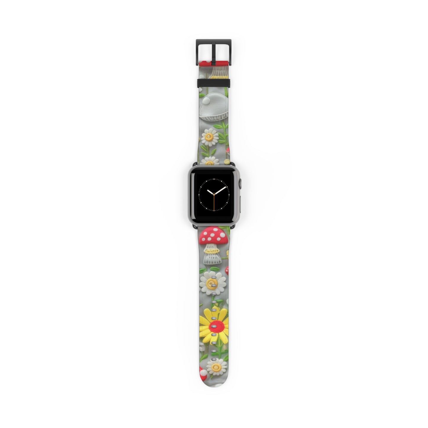 Verzaubertes Wald-Gänseblümchen- und Pilz-Apple-Watch-Armband, skurriles Smartwatch-Armband mit Naturmotiven. Apple Watch-Armband, Apple Watch-Armbänder für Serie 4, 5, 6, 7, 8, 9, ULTRA SE, 38/40/41 mm und 42/44/45 mm, veganes Kunstlederarmband