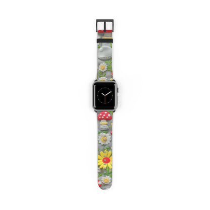 Verzaubertes Wald-Gänseblümchen- und Pilz-Apple-Watch-Armband, skurriles Smartwatch-Armband mit Naturmotiven. Apple Watch-Armband, Apple Watch-Armbänder für Serie 4, 5, 6, 7, 8, 9, ULTRA SE, 38/40/41 mm und 42/44/45 mm, veganes Kunstlederarmband