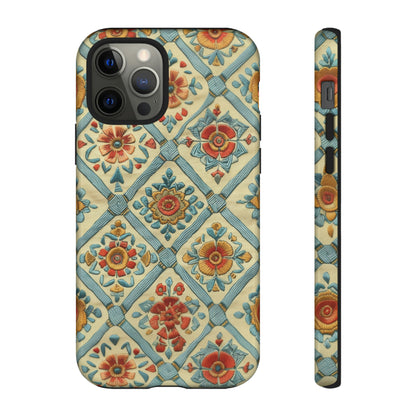 Vintage gesteppte florale iPhone-Hülle, Telefonhülle mit besticktem Design, handwerklich inspirierte Schutzausrüstung, robuste Hüllen