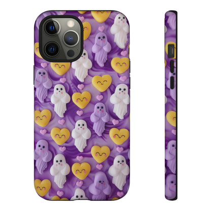 Purple Passion Ghostly Hearts Phone Case, Adorable Spirits with Love Emojis Cover for Smartphones, Tough Phone Cases