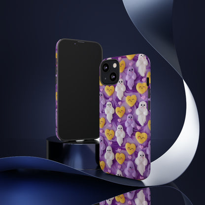 Purple Passion Ghostly Hearts Phone Case, Adorable Spirits with Love Emojis Cover for Smartphones, Tough Phone Cases