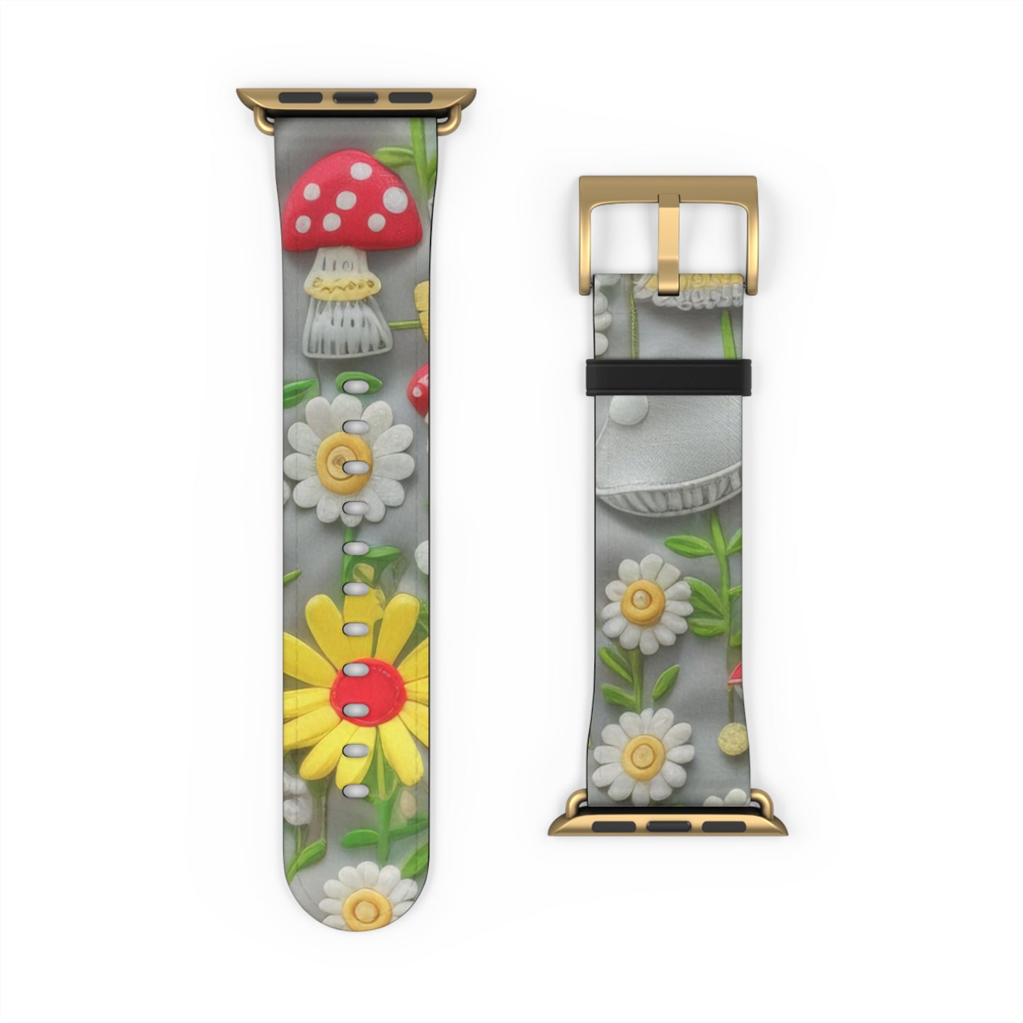 Verzaubertes Wald-Gänseblümchen- und Pilz-Apple-Watch-Armband, skurriles Smartwatch-Armband mit Naturmotiven. Apple Watch-Armband, Apple Watch-Armbänder für Serie 4, 5, 6, 7, 8, 9, ULTRA SE, 38/40/41 mm und 42/44/45 mm, veganes Kunstlederarmband