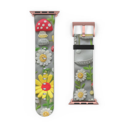 Verzaubertes Wald-Gänseblümchen- und Pilz-Apple-Watch-Armband, skurriles Smartwatch-Armband mit Naturmotiven. Apple Watch-Armband, Apple Watch-Armbänder für Serie 4, 5, 6, 7, 8, 9, ULTRA SE, 38/40/41 mm und 42/44/45 mm, veganes Kunstlederarmband