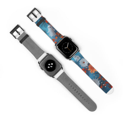 Charming Ghosts and Autumn Leaves Apple Watch Band, Spooky Cute Floral Design, Seasonal Smartwatch Strap. Apple Watch Band Apple Watch Straps For Series 4 5 6 7 8 9 ULTRA SE 38/40/41mm & 42/44/45mm Vegan Faux Leather Band