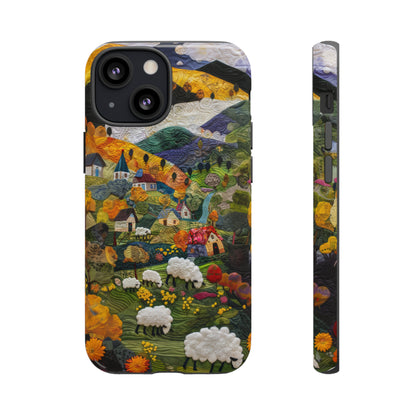 Quaint Countryside Quilt iPhone Case, Artistic Pastoral Landscape, Sturdy Protective Cover, Tough Phone Cases