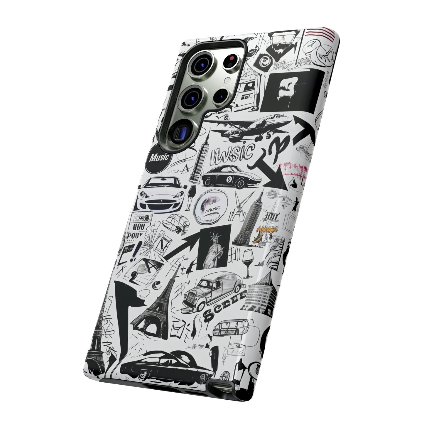 Iconica custodia per telefono con collage musicale in bianco e nero, cover dal design grafico moderno per audiofili, custodie per telefoni resistenti