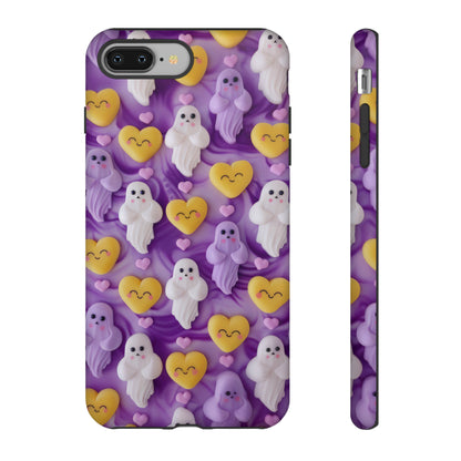 Purple Passion Ghostly Hearts Phone Case, Adorable Spirits with Love Emojis Cover for Smartphones, Tough Phone Cases