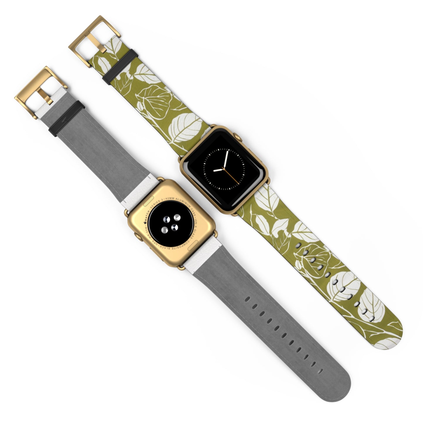 Apple Watch-Armband mit olivgrünem Blattmuster | Öko-Chic-Armband im Natur-Stil. Apple Watch-Armband, Apple Watch-Armbänder für Serie 4, 5, 6, 7, 8, 9, ULTRA SE, 38/40/41 mm und 42/44/45 mm, veganes Kunstlederarmband 