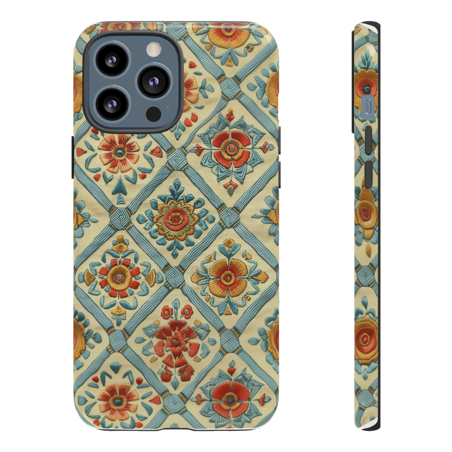 Vintage gesteppte florale iPhone-Hülle, Telefonhülle mit besticktem Design, handwerklich inspirierte Schutzausrüstung, robuste Hüllen