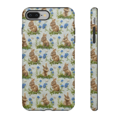 Springtime Bunnies iPhone Hülle, Entzückendes Kaninchen- und Glockenblumen-Design, Bezaubernde Schutzhülle, Robuste Hüllen 