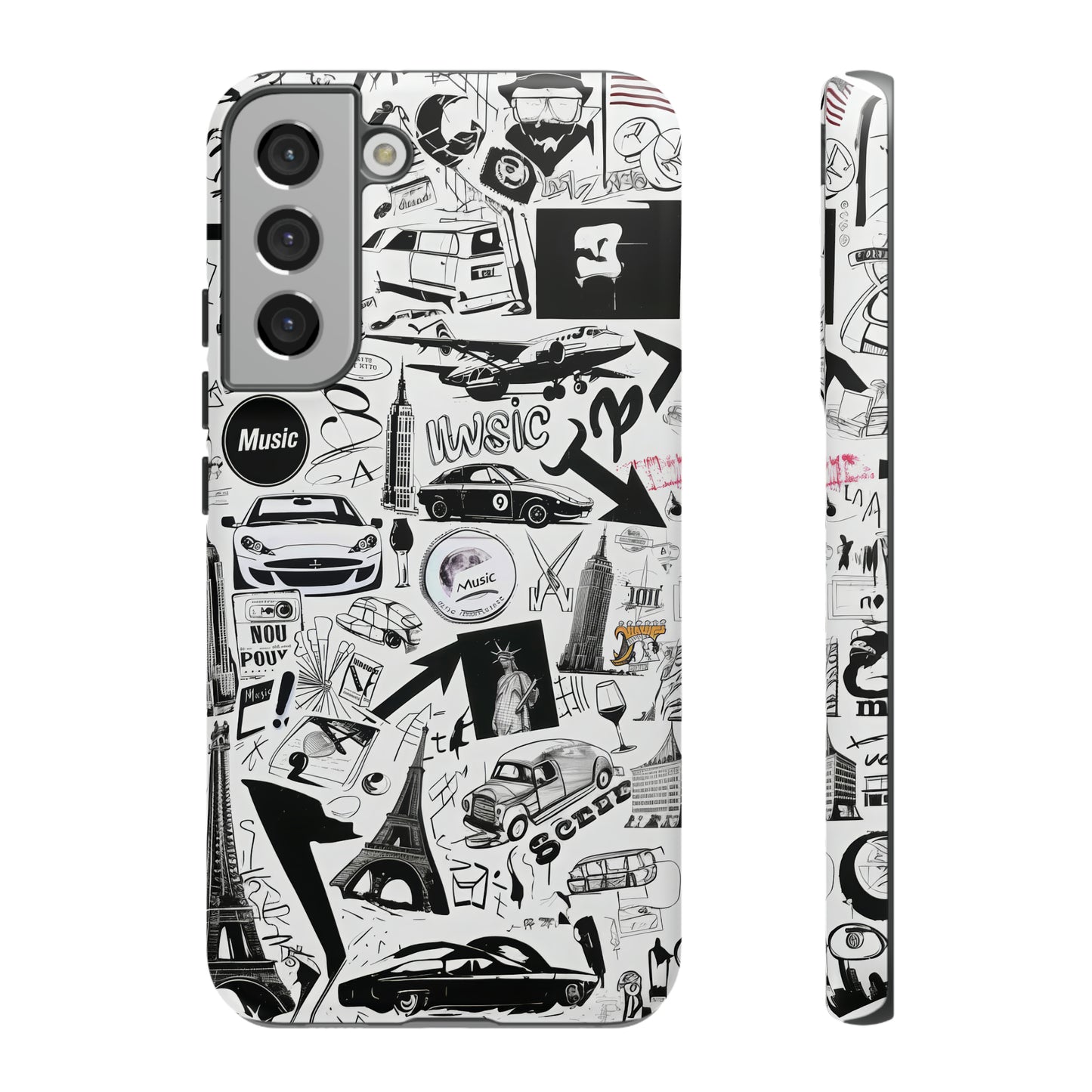 Iconica custodia per telefono con collage musicale in bianco e nero, cover dal design grafico moderno per audiofili, custodie per telefoni resistenti