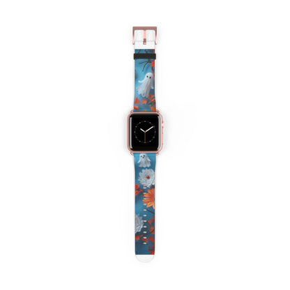 Charming Ghosts and Autumn Leaves Apple Watch Band, Spooky Cute Floral Design, Seasonal Smartwatch Strap. Apple Watch Band Apple Watch Straps For Series 4 5 6 7 8 9 ULTRA SE 38/40/41mm & 42/44/45mm Vegan Faux Leather Band