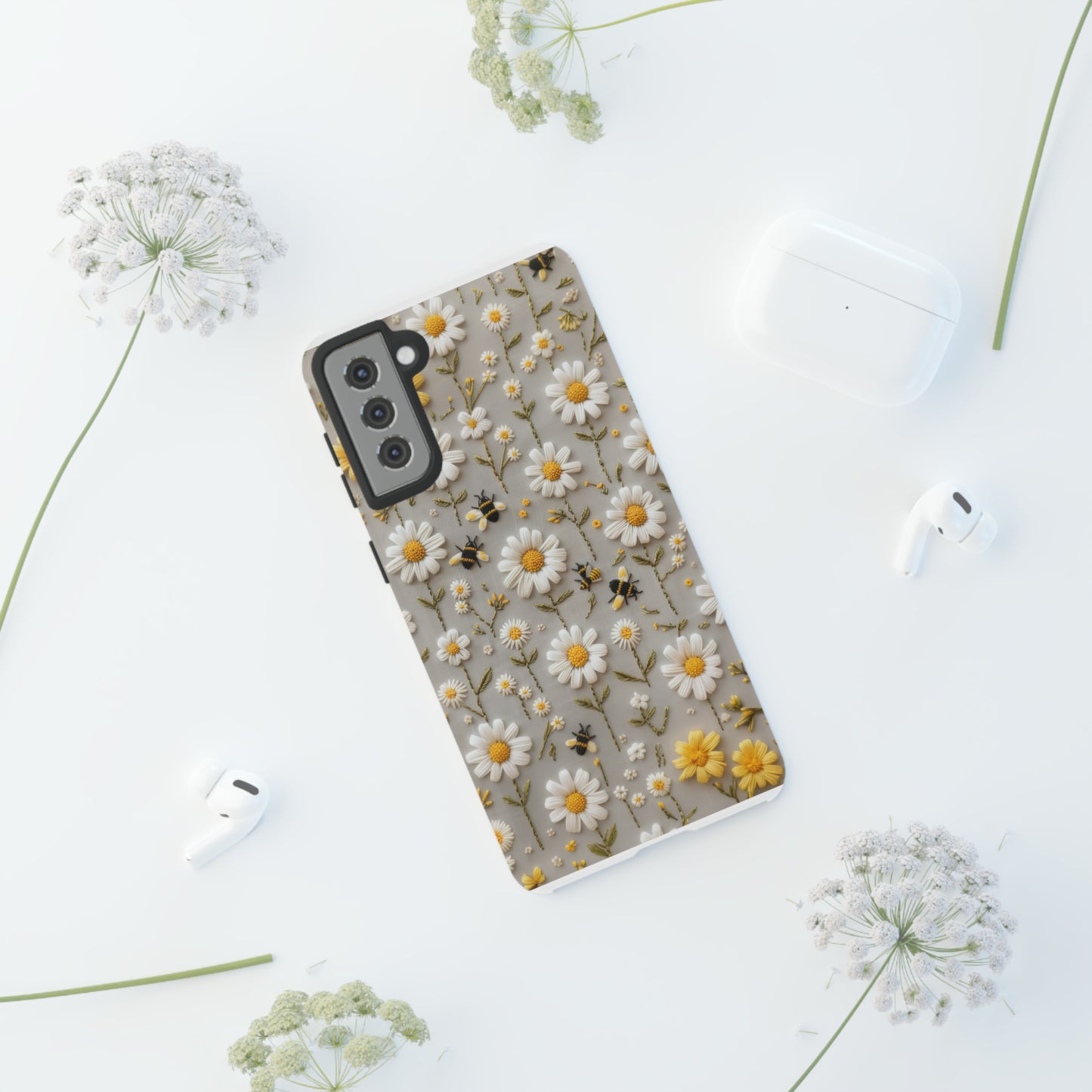 Spring Daisy Phone Case, Bees & Flowers Design, Nature-Inspired Protective Phone Cover, Tough Phone Cases