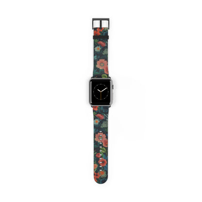 Enchanted Garden Floral Apple Watch Band, Lush Botanical Print, Elegant Dark Background Smartwatch Strap. Apple Watch Band Apple Watch Straps For Series 4 5 6 7 8 9 ULTRA SE 38/40/41mm & 42/44/45mm Vegan Faux Leather Band