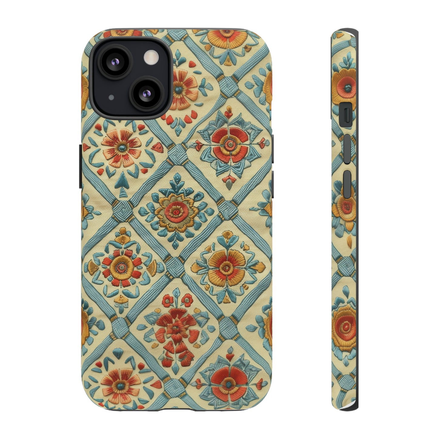 Vintage gesteppte florale iPhone-Hülle, Telefonhülle mit besticktem Design, handwerklich inspirierte Schutzausrüstung, robuste Hüllen