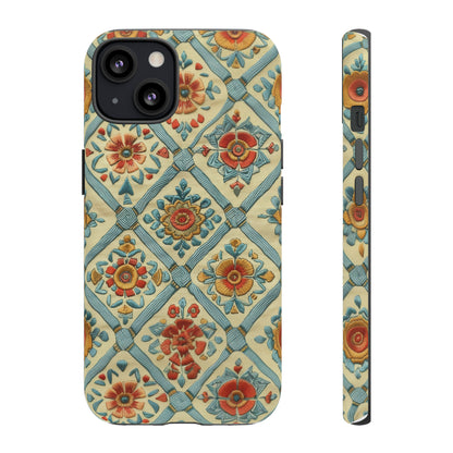 Vintage gesteppte florale iPhone-Hülle, Telefonhülle mit besticktem Design, handwerklich inspirierte Schutzausrüstung, robuste Hüllen