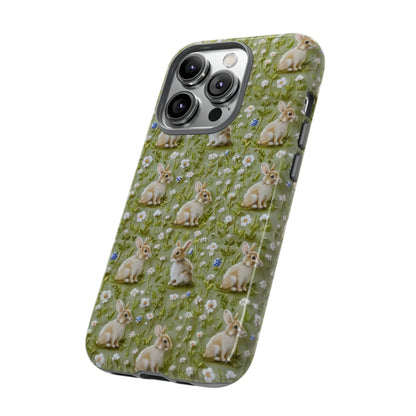 Custodia per iPhone Meadow Rabbits, design Serene Spring Wildlife, custodia protettiva di ispirazione ecologica, custodie per telefoni resistenti