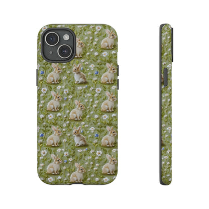 Custodia per iPhone Meadow Rabbits, design Serene Spring Wildlife, custodia protettiva di ispirazione ecologica, custodie per telefoni resistenti