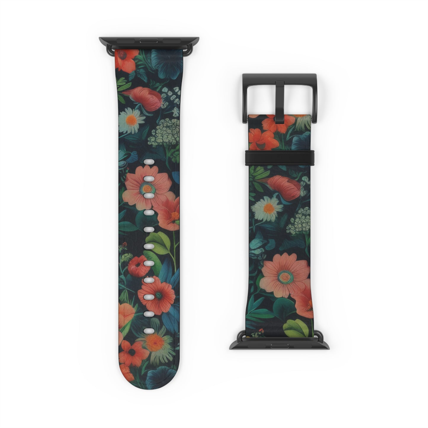 Enchanted Garden Floral Apple Watch Band, Lush Botanical Print, Elegant Dark Background Smartwatch Strap. Apple Watch Band Apple Watch Straps For Series 4 5 6 7 8 9 ULTRA SE 38/40/41mm & 42/44/45mm Vegan Faux Leather Band