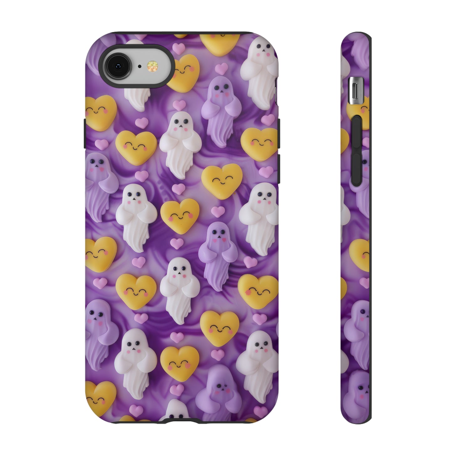 Purple Passion Ghostly Hearts Phone Case, Adorable Spirits with Love Emojis Cover for Smartphones, Tough Phone Cases