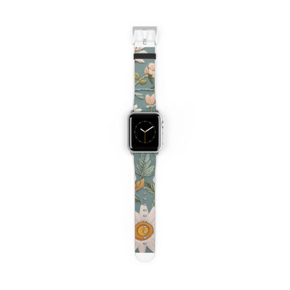 Serene Floral Tapestry Apple Watch Band, Soft Pastel Botanicals on Duck Egg Blue, Stylish Smartwatch Accessory. Apple Watch Band Apple Watch Straps For Series 4 5 6 7 8 9 ULTRA SE 38/40/41mm & 42/44/45mm Vegan Faux Leather Band