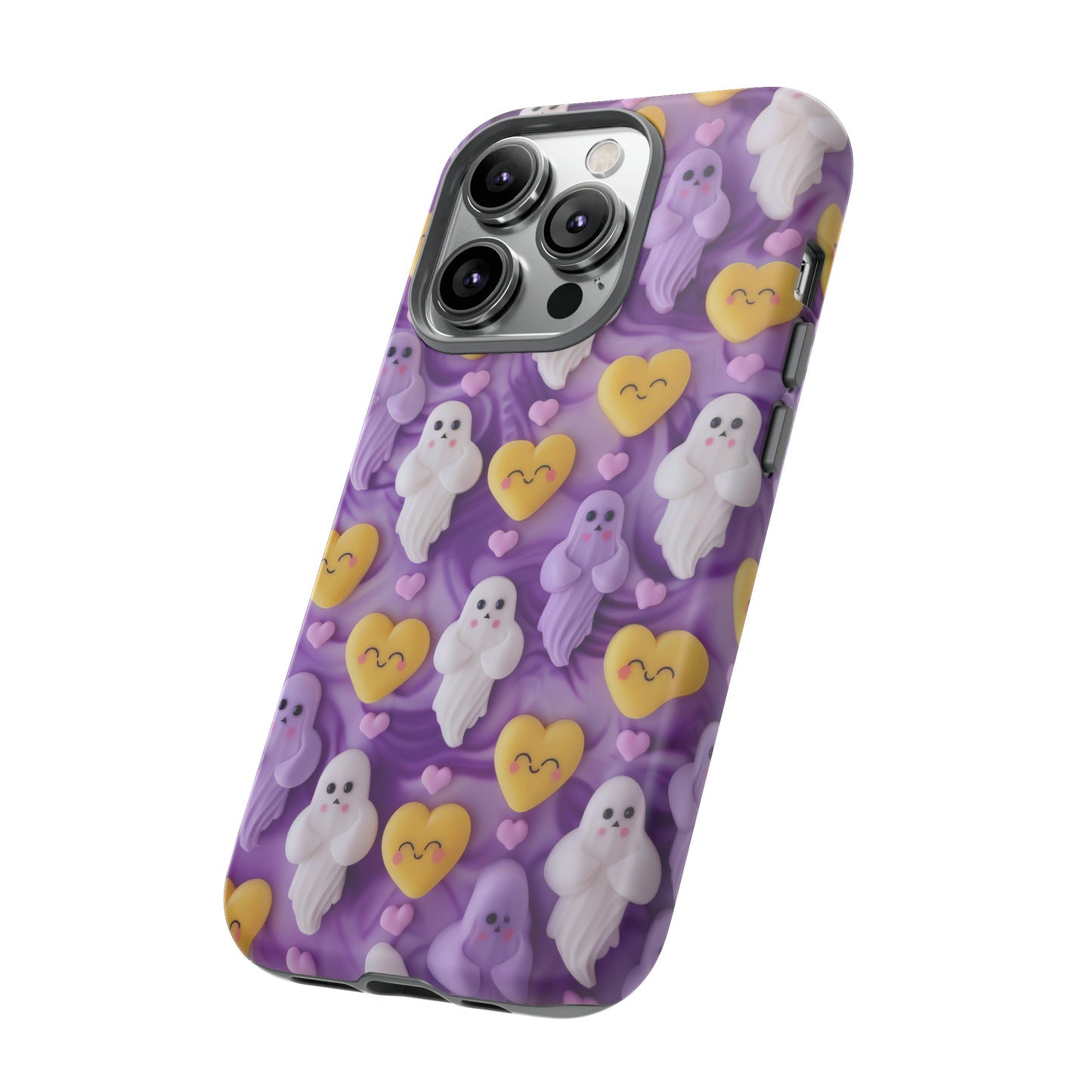 Purple Passion Ghostly Hearts Phone Case, Adorable Spirits with Love Emojis Cover for Smartphones, Tough Phone Cases