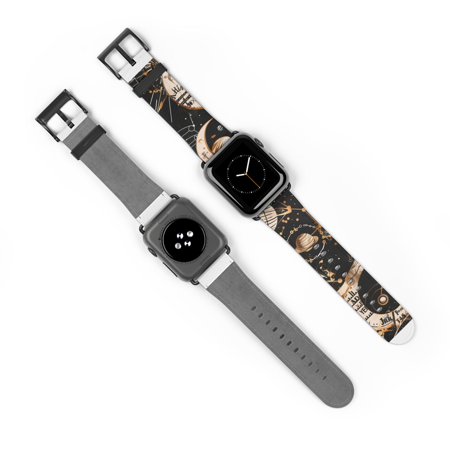 Astronomical Symbols Apple Watch Band, Stylish Galaxy Print, Elegant Black & Tan Silicone Strap for Astrology Lovers. Apple Watch Band Apple Watch Straps For Series 4 5 6 7 8 9 ULTRA SE 38/40/41mm & 42/44/45mm Vegan Faux Leather Band