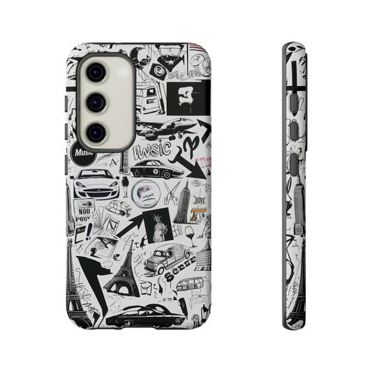 Iconic Black and White Music Collage Phone Case, Modern Graphic Design Cover for Audiophiles, Tough Phone Cases