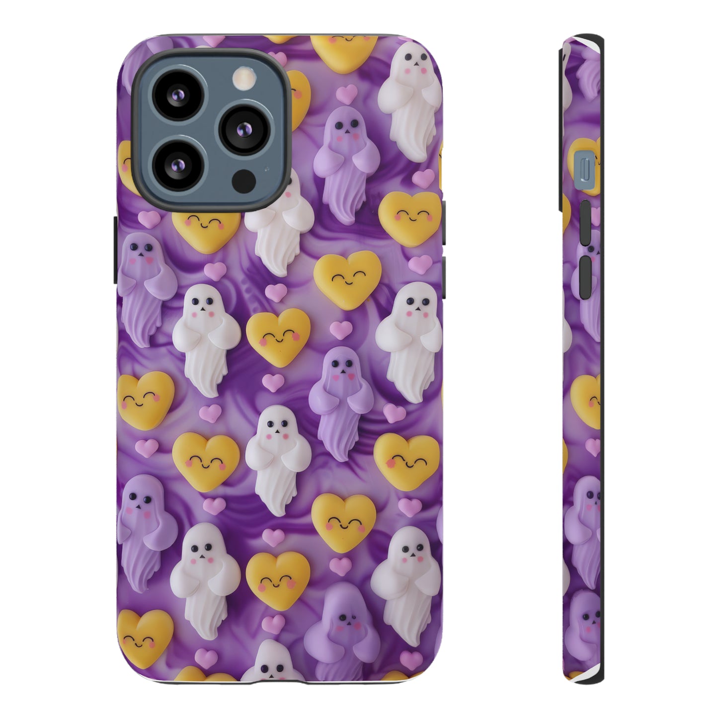 Purple Passion Ghostly Hearts Phone Case, Adorable Spirits with Love Emojis Cover for Smartphones, Tough Phone Cases