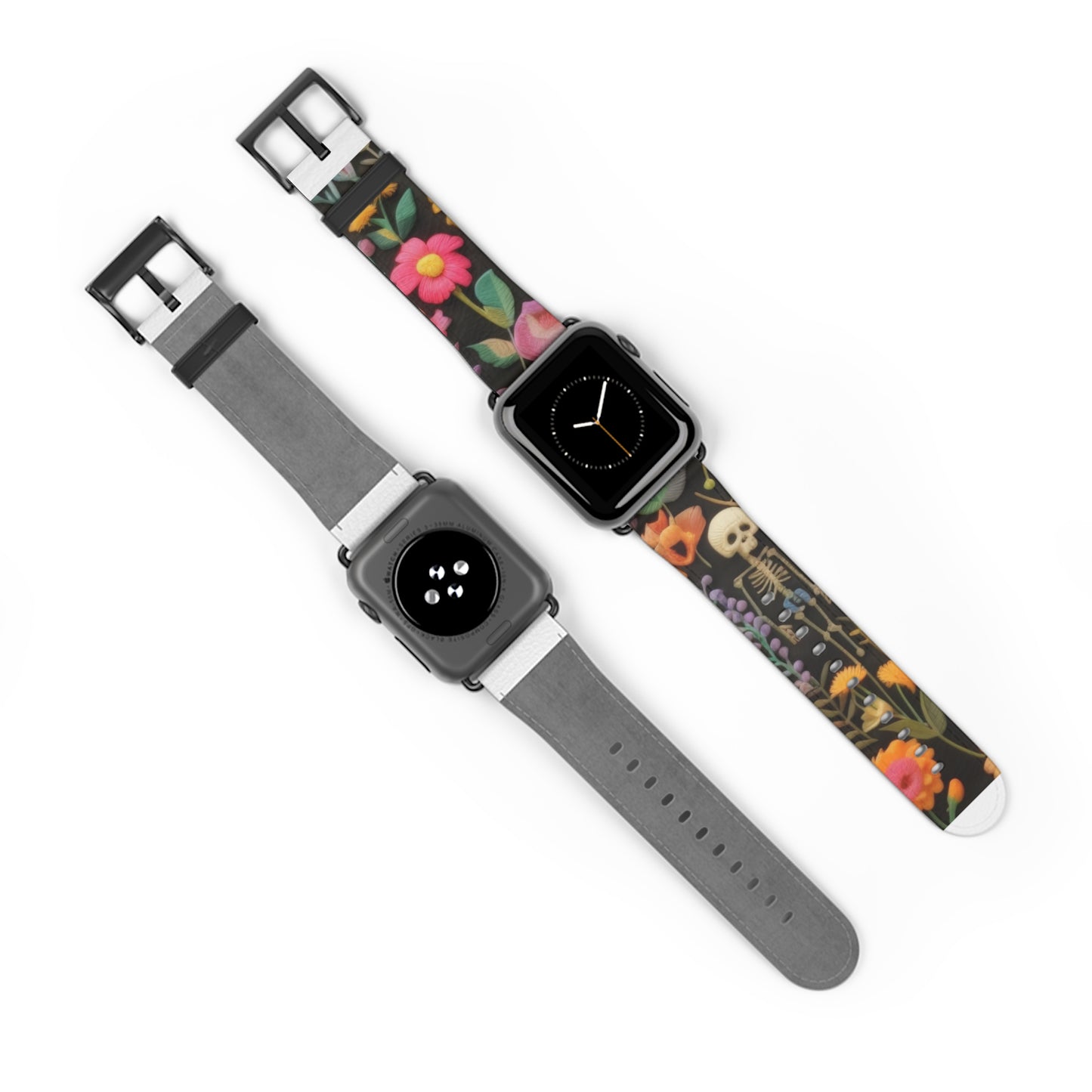 Gothic-Blumen-Totenkopf-Armband für die Apple Watch, leuchtende Blüten mit Skelett, kantiges botanisches Smartwatch-Armband. Apple Watch-Armbänder für die Serie 4, 5, 6, 7, 8, 9, ULTRA SE, 38/40/41 mm und 42/44/45 mm, veganes Kunstlederarmband