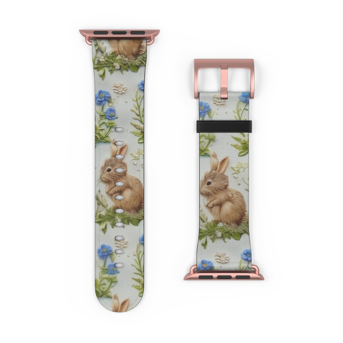 Springtime Bunny & Florals Apple Watch Band, Charming Rabbit Illustration, Pastel Blue Smartwatch Accessory. Apple Watch Band Apple Watch Straps For Series 4 5 6 7 8 9 ULTRA SE 38/40/41mm & 42/44/45mm Vegan Faux Leather Band