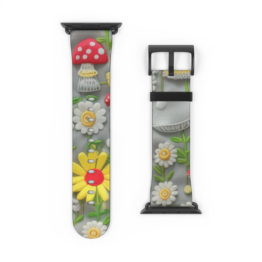 Enchanted Forest Daisy & Mushroom Apple Watch Band, Whimsical Nature-Themed Smartwatch Strap. Apple Watch Band Apple Watch Straps For Series 4 5 6 7 8 9 SE 38/40/41mm & 42/44/45mm Vegan Faux Leather Band
