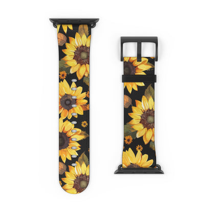 Sunflower Pattern Apple Watch Band | Floral Smartwatch Accessory | Designer Watch Strap | Unique Wearable Art | Gift for Sunflower Lovers. Apple Watch Band Apple Watch Straps For Series 4 5 6 7 8 9 ULTRA SE 38/40/41mm & 42/44/45mm Vegan Faux Leather Band