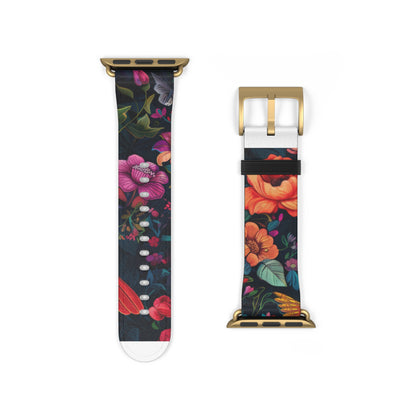 Midnight Blossoms Apple Watch Band, Vibrant Night Garden Floral Print, Stylish and Bold Smartwatch Accessory. Apple Watch Band Apple Watch Straps For Series 4 5 6 7 8 9 SE 38/40/41mm & 42/44/45mm Vegan Faux Leather Band