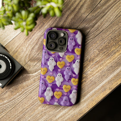 Purple Passion Ghostly Hearts Phone Case, Adorable Spirits with Love Emojis Cover for Smartphones, Tough Phone Cases