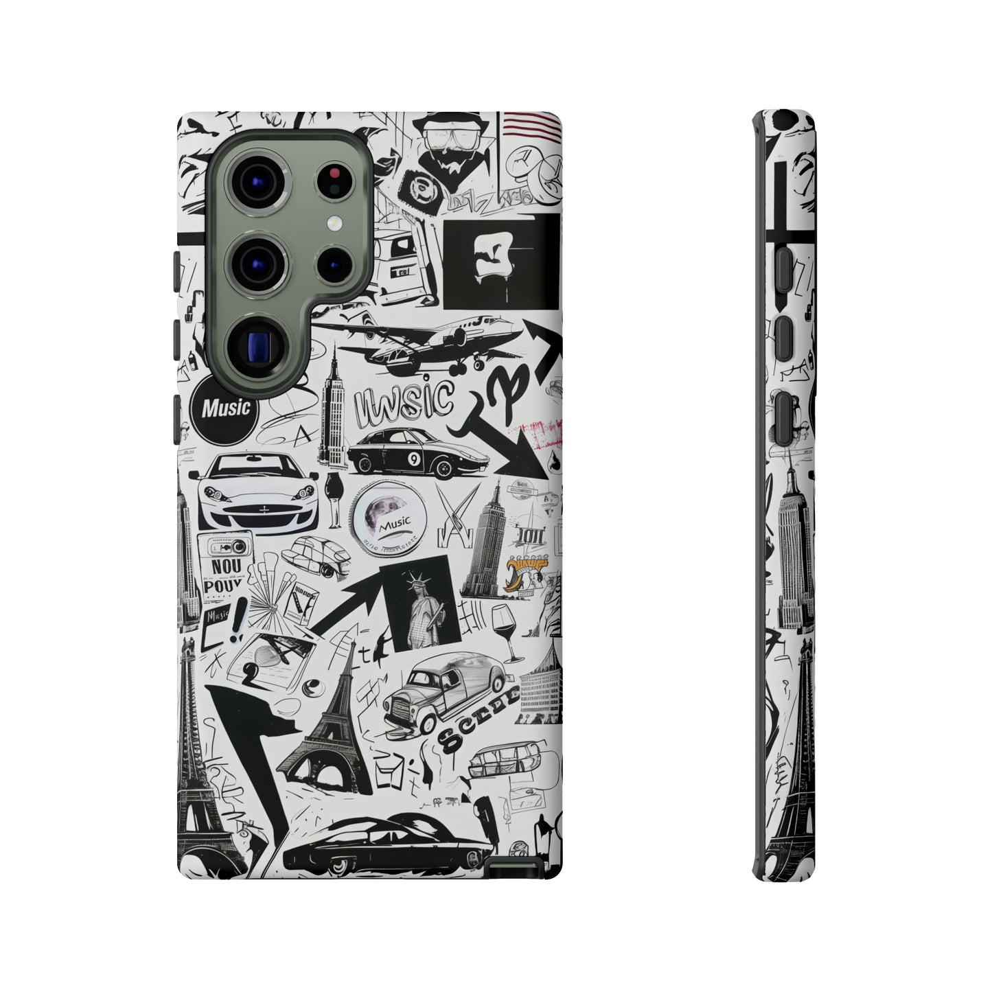 Iconica custodia per telefono con collage musicale in bianco e nero, cover dal design grafico moderno per audiofili, custodie per telefoni resistenti