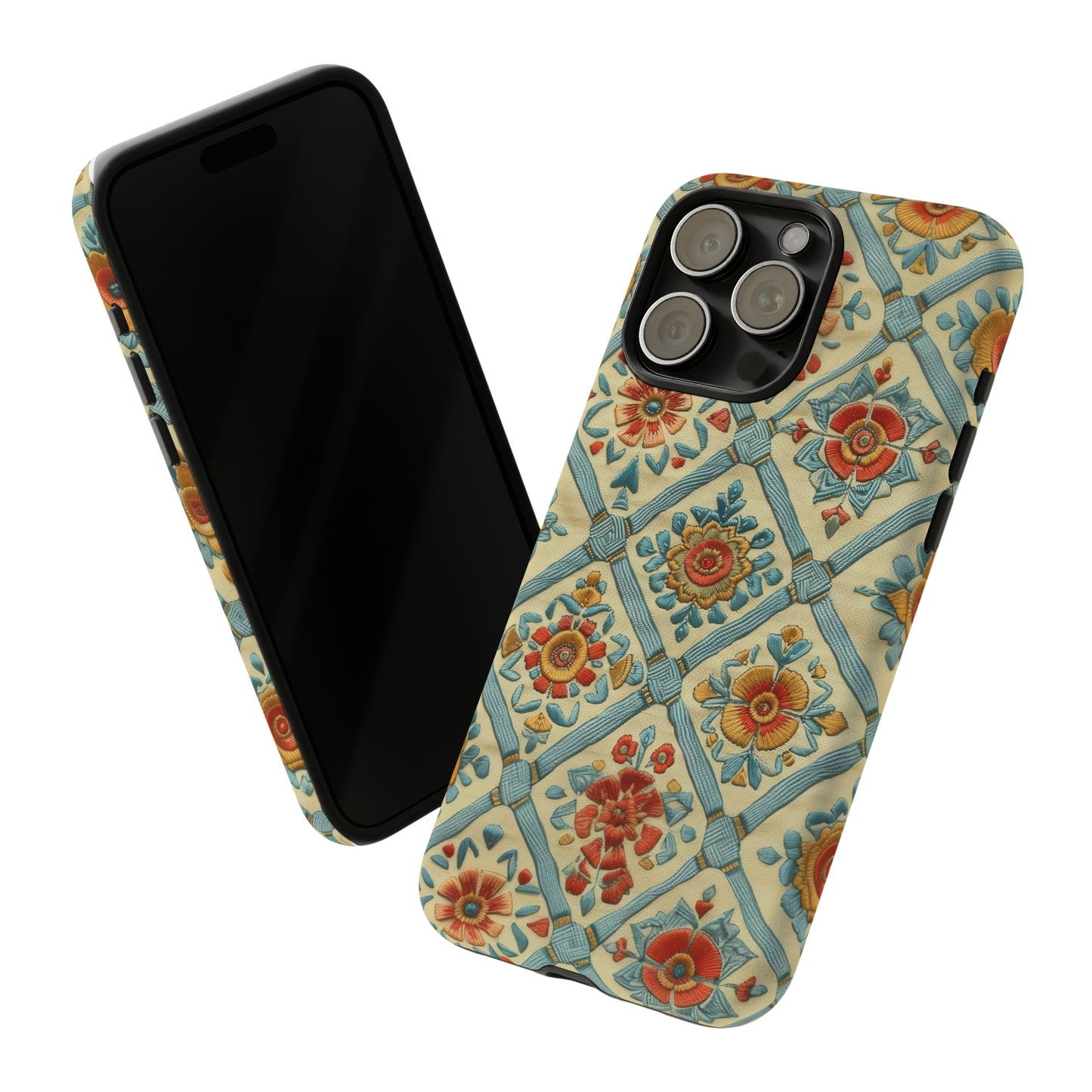 Vintage gesteppte florale iPhone-Hülle, Telefonhülle mit besticktem Design, handwerklich inspirierte Schutzausrüstung, robuste Hüllen