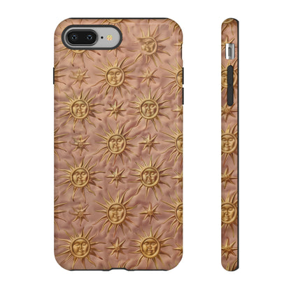 Custodia per iPhone con motivo sole celeste, design solare 3D strutturato, custodia protettiva lussuosa, custodie per telefono resistenti