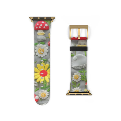 Verzaubertes Wald-Gänseblümchen- und Pilz-Apple-Watch-Armband, skurriles Smartwatch-Armband mit Naturmotiven. Apple Watch-Armband, Apple Watch-Armbänder für Serie 4, 5, 6, 7, 8, 9, ULTRA SE, 38/40/41 mm und 42/44/45 mm, veganes Kunstlederarmband