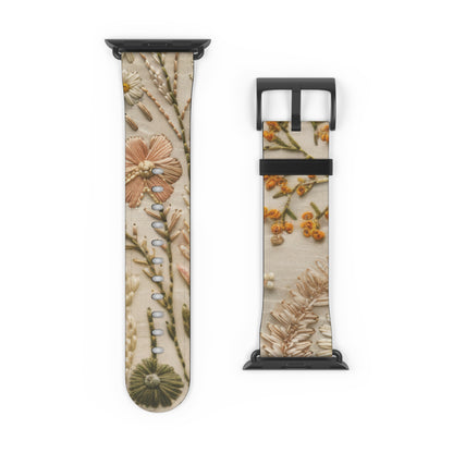 Apple Watch-Armband mit natürlicher botanischer Illustration, elegantes beiges Blumendesign, neutral getöntes Smartwatch-Armband. Apple Watch-Armbänder für die Serie 4, 5, 6, 7, 8, 9, ULTRA SE, 38/40/41 mm und 42/44/45 mm, veganes Kunstlederarmband