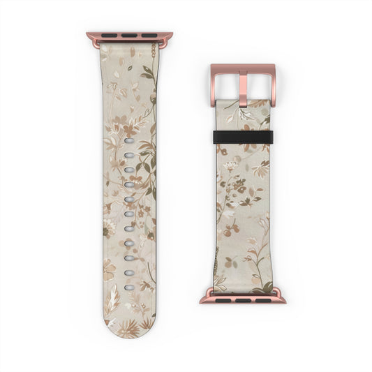 Classic Neutral Floral Apple Watch Band, Elegant Botanical Print Strap, Timeless Accessory, Sophisticated Tech Wear. Apple Watch Straps For Series 4 5 6 7 8 9 SE 38/40/41mm & 42/44/45mm Vegan Faux Leather Band
