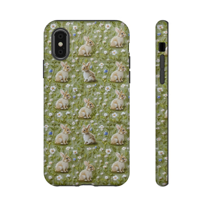 Custodia per iPhone Meadow Rabbits, design Serene Spring Wildlife, custodia protettiva di ispirazione ecologica, custodie per telefoni resistenti