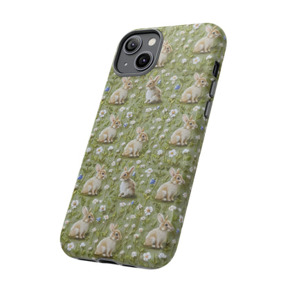 Custodia per iPhone Meadow Rabbits, design Serene Spring Wildlife, custodia protettiva di ispirazione ecologica, custodie per telefoni resistenti