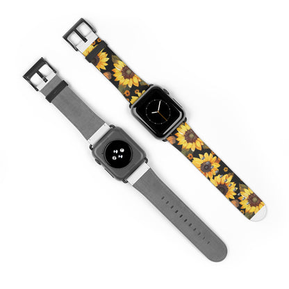 Sunflower Pattern Apple Watch Band | Floral Smartwatch Accessory | Designer Watch Strap | Unique Wearable Art | Gift for Sunflower Lovers. Apple Watch Band Apple Watch Straps For Series 4 5 6 7 8 9 ULTRA SE 38/40/41mm & 42/44/45mm Vegan Faux Leather Band