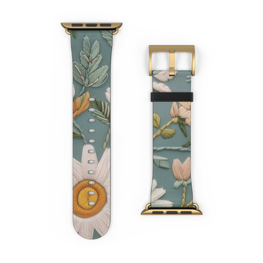 Serene Floral Tapestry Apple Watch Band, Soft Pastel Botanicals on Duck Egg Blue, Stylish Smartwatch Accessory. Apple Watch Band Apple Watch Straps For Series 4 5 6 7 8 9 SE 38/40/41mm & 42/44/45mm Vegan Faux Leather Band