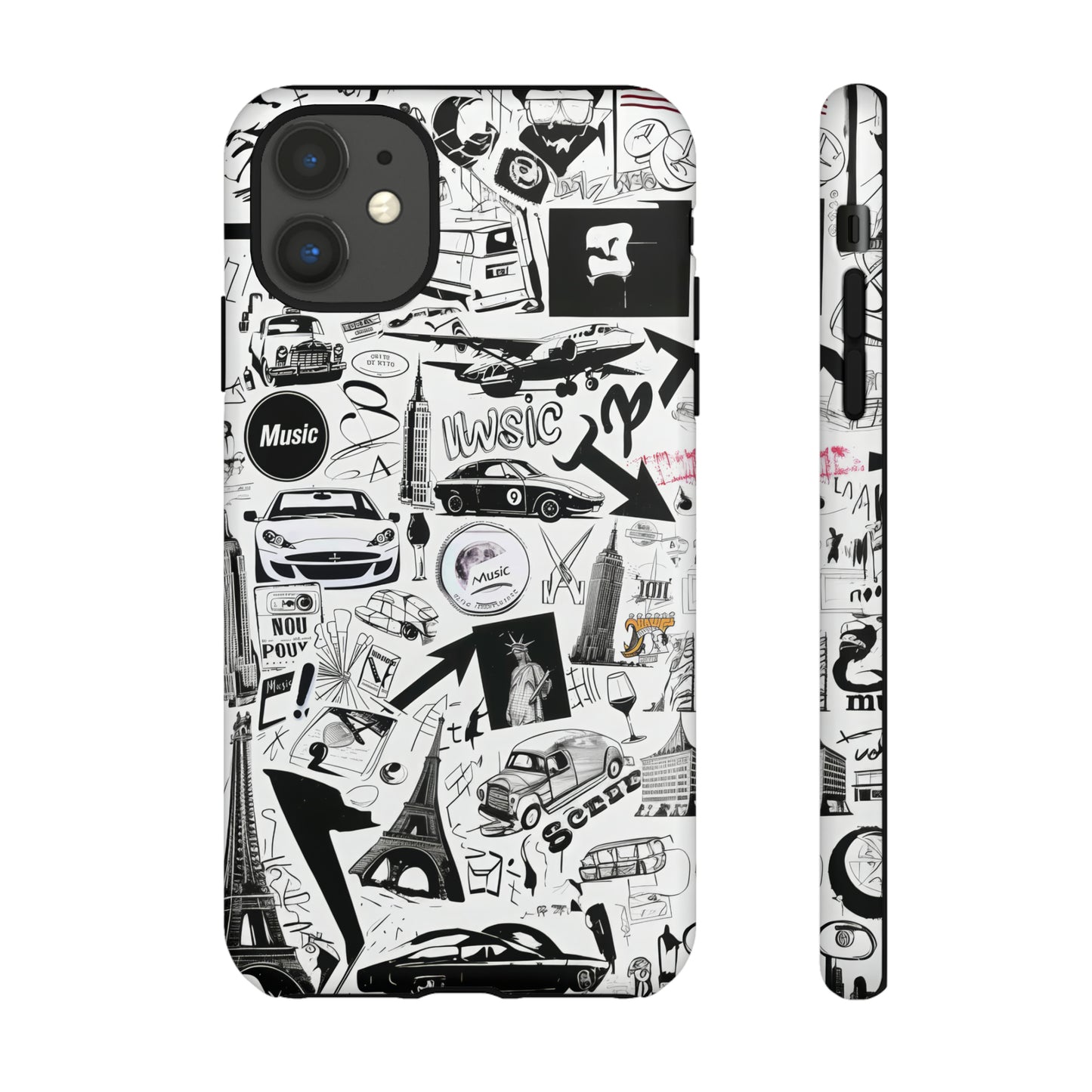 Iconica custodia per telefono con collage musicale in bianco e nero, cover dal design grafico moderno per audiofili, custodie per telefoni resistenti