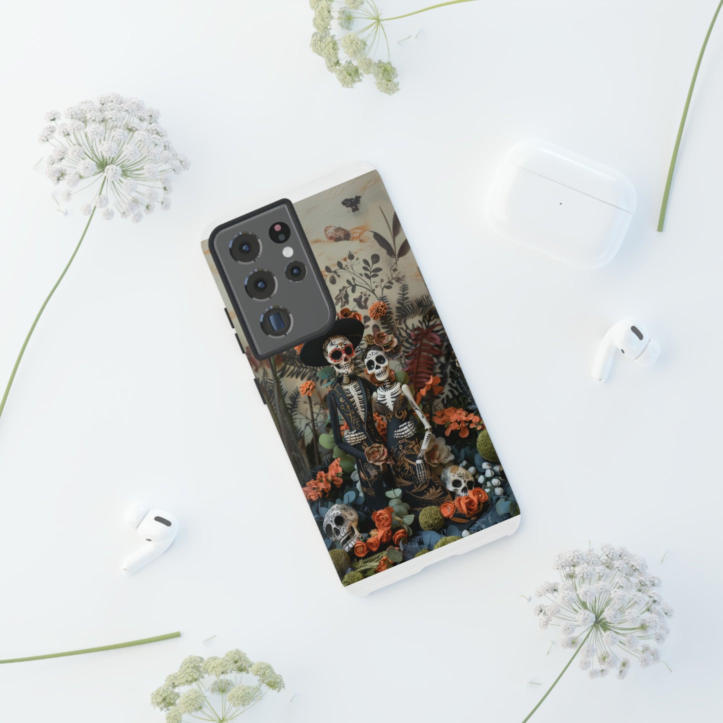 Custodia per telefono Dia de los Muertos, Cover con design di coppia scheletrica, Accessorio protettivo festivo per telefono, Custodie per telefono resistenti 