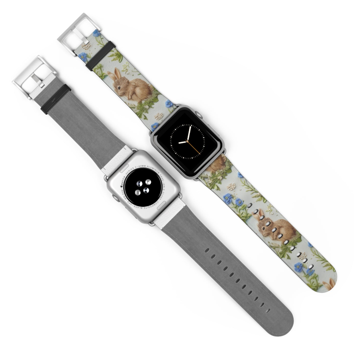 Springtime Bunny & Florals Apple Watch Band, Charming Rabbit Illustration, Pastel Blue Smartwatch Accessory. Apple Watch Band Apple Watch Straps For Series 4 5 6 7 8 9 ULTRA SE 38/40/41mm & 42/44/45mm Vegan Faux Leather Band