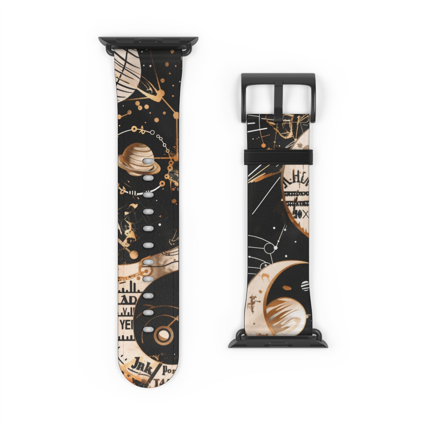 Astronomical Symbols Apple Watch Band, Stylish Galaxy Print, Elegant Black & Tan Silicone Strap for Astrology Lovers. Apple Watch Band Apple Watch Straps For Series 4 5 6 7 8 9 ULTRA SE 38/40/41mm & 42/44/45mm Vegan Faux Leather Band